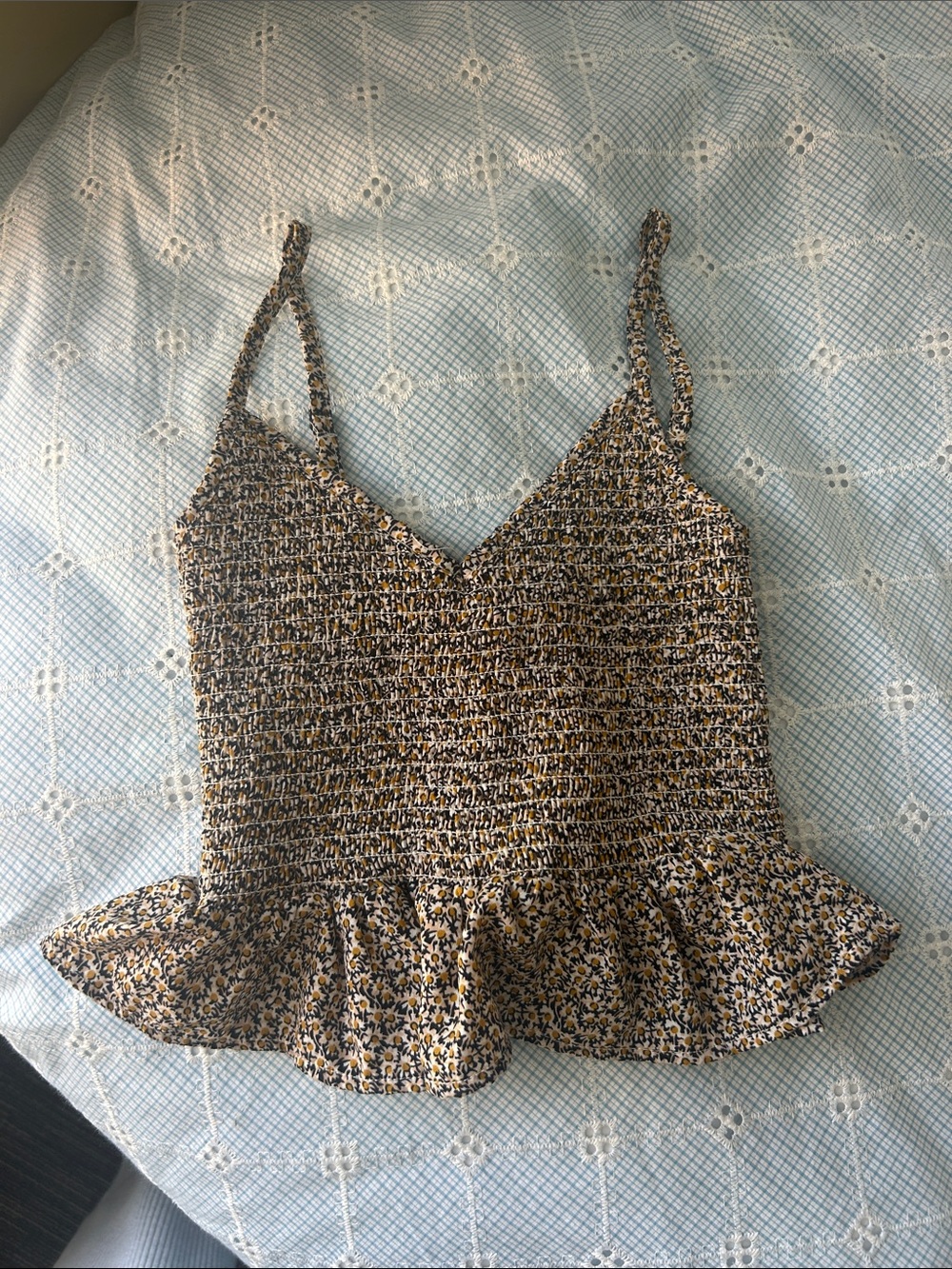 Splendid Yellow Black Floral Smocked Peplum Cami